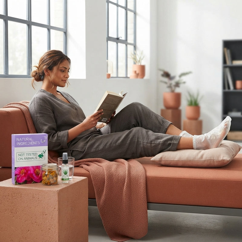 South Asian woman wearing hydrating exfoliating foot mask socks while relaxing in a modern sunlit room with terracotta and ch