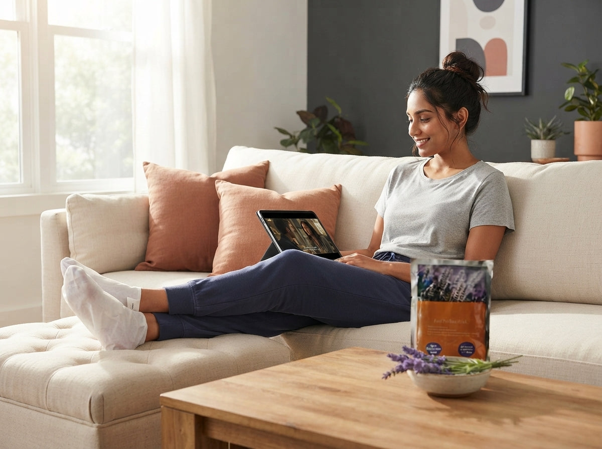South Asian woman wearing exfoliating foot mask socks while relaxing on a sofa at home.