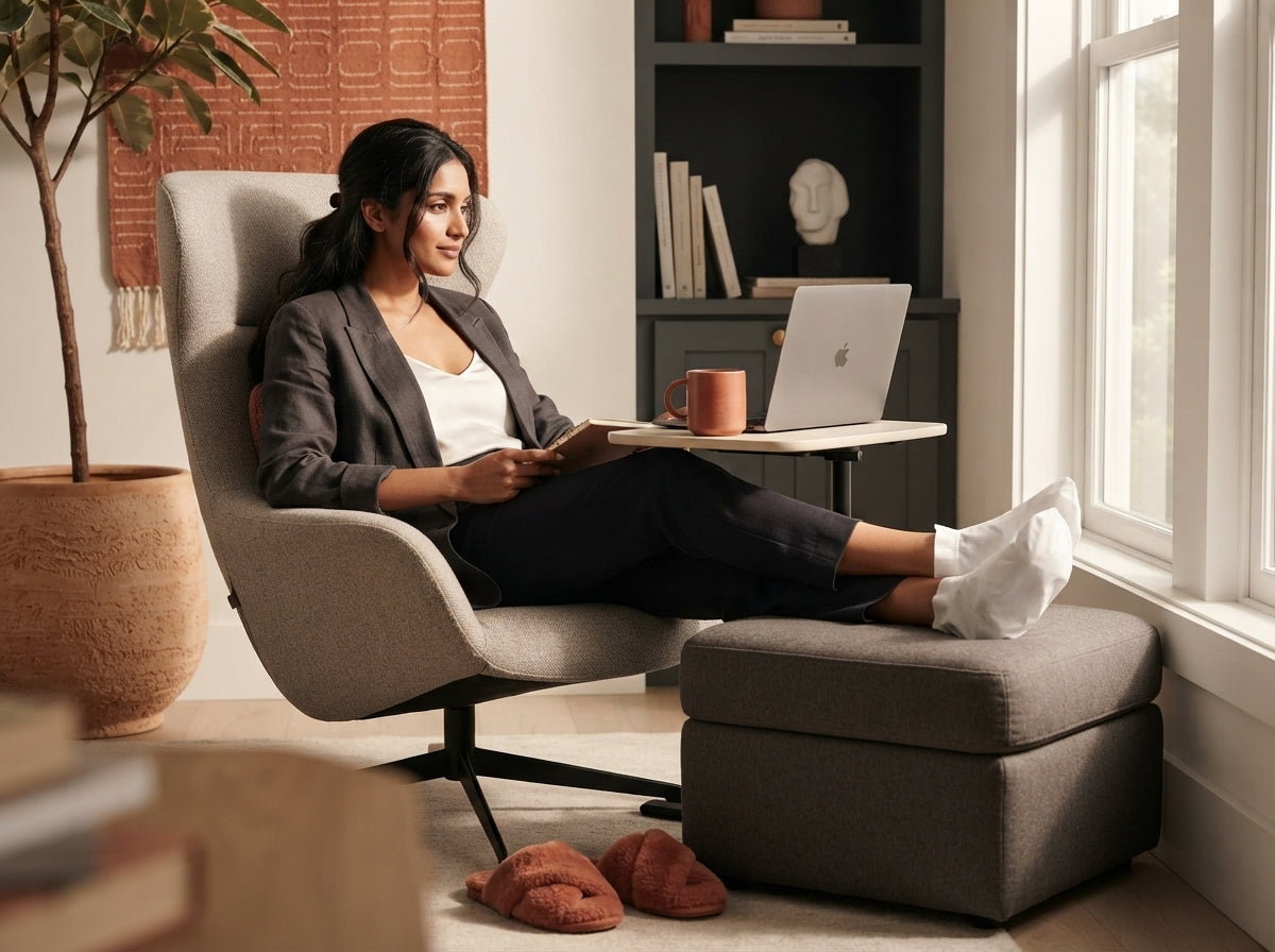 A South Asian woman relaxing at home wearing hydrating exfoliating foot mask socks.