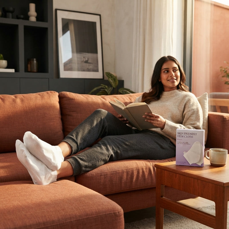 A South Asian woman wearing hydrating exfoliating foot mask socks while relaxing on a sofa in a modern home interior.