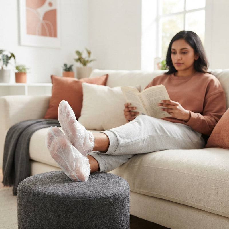 A South Asian woman relaxing on a sofa wearing hydrating exfoliating foot mask socks while reading.